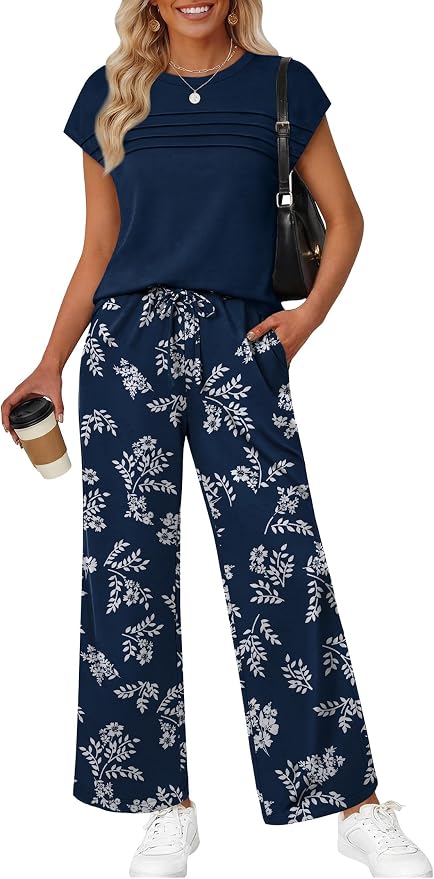 WIHOLL Two Piece Set for Women Summer Spring Outfits Matching Sets Women Clothing Airport Travel Vacation Wide Leg Pants