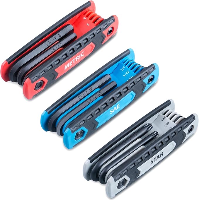 25-Piece Complete Folding Hex Key Wrench Set, Metric 1.5mm - 8mm, SAE 5/64” - 1/4”, Star T9 - T40 | Cr-V Steel, Precise and Chamfered Tips | 3 Pack All-Purpose Portable and Compact Allen Wrench Tools