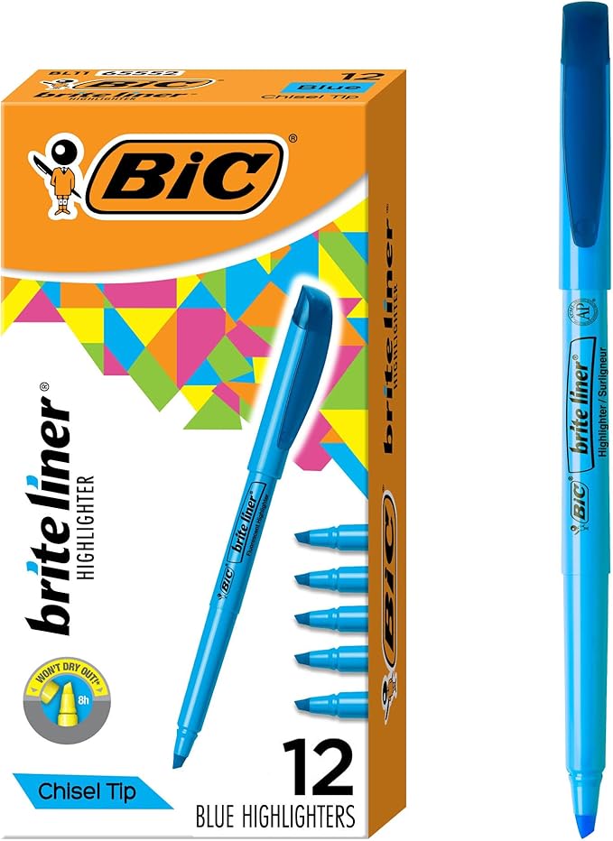 BIC Brite Liner Highlighters, Chisel Tip, 12-Count Pack of Blue Highlighters, Ideal Highlighter Set for Organizing and Coloring | Translucent Ink for Clear Emphasis, Ideal Set for Organizing and Coloring, Writes Up to Eight Hours Without Drying Out