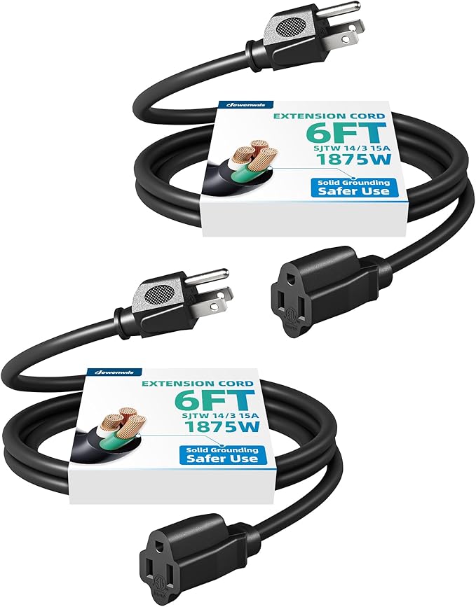 DEWENWILS Extension Cord 6ft, 14/3 SJTW Weatherproof Power Cable for Indoor Use, 3 Prong Heavy Duty Power Cord, Black, ETL Listed, 2 Pack