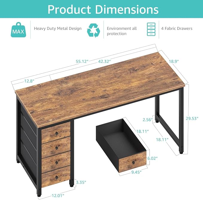Lufeiya Computer Desk with Drawers - 55 Inch Long Study Work Writing Desk for Home Office Bedroom, Reversible Simple Modern Cute PC Desks with Fabric Drawer, Rustic Brown