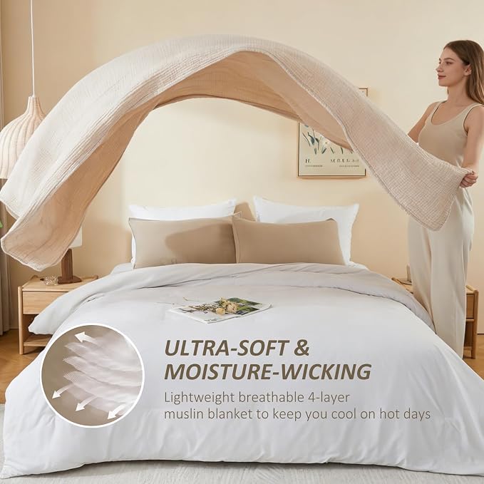 EMME Cotton Muslin Twin Blanket Breathable Gauze Soft Lightweight Blankets Adults Gifts for Women (Heather Beige, 60"x80")