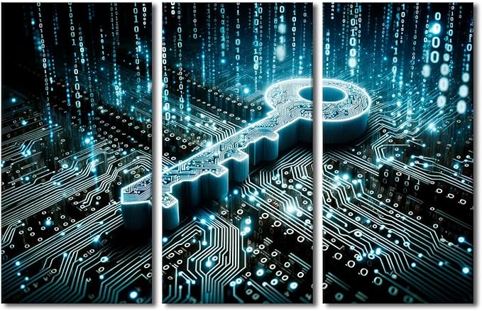 TUMOVO Security Concept Wall Art Key on Circuit Board Background with Binary Code Poster Pictures Print On Canvas Wall Art, Artificial Intelligence Artwork for Wall Decoration, 42" Wx28 H