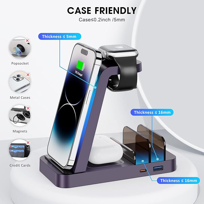 Wireless Charger for iPhone - 5 in 1 Charging Station for Multiple Devices Apple: Fast Wireless Charging Stand Dock for iPhone 17 16e 16 15 14 13 12 Pro Max Apple Watch Airpods (Purple)