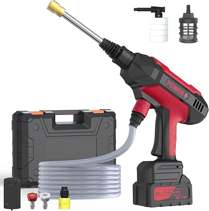 Cordless Pressure Washer, Portable Pressure Washer Battery Powered Max 950PSI, 1.2GPM with 1 * 21V 4.0Ah Rechargeable Battery, 20FT Drain Hose, Electric Power Washer for Car, Floor, Red