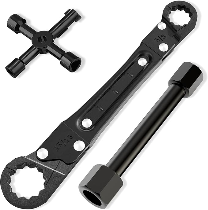 Plumbing Tools Angle Stop Wrench Kit - 3-Piece Plumber Tool Set with Compression Sleeve Puller & 4-Way Sillcock Key - Fits 3/8" & 1/2" MPT Ferrule Removal Tool for Tight Spaces Under Sink-Black