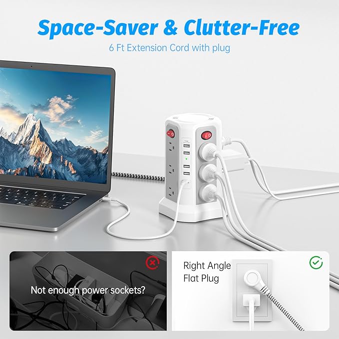 Power Strip Tower Surge Protector with PD20W USB C, 6FT Desktop Extension Cord Charging Station with 12 AC Multiple Outlets 5 USB Ports, Charger Tower Multiple Protections for Home Office Supplies
