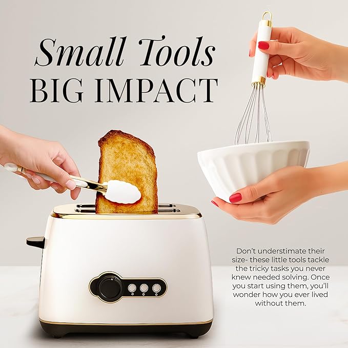 White & Gold Cooking Utensils Set - Luxe 8-Piece Kitchen Gadget Set Includes Can Opener, Tongs and Garlic Press - Stylish White and Gold Kitchen Accessories for Modern Kitchens, Ideal for Gifting