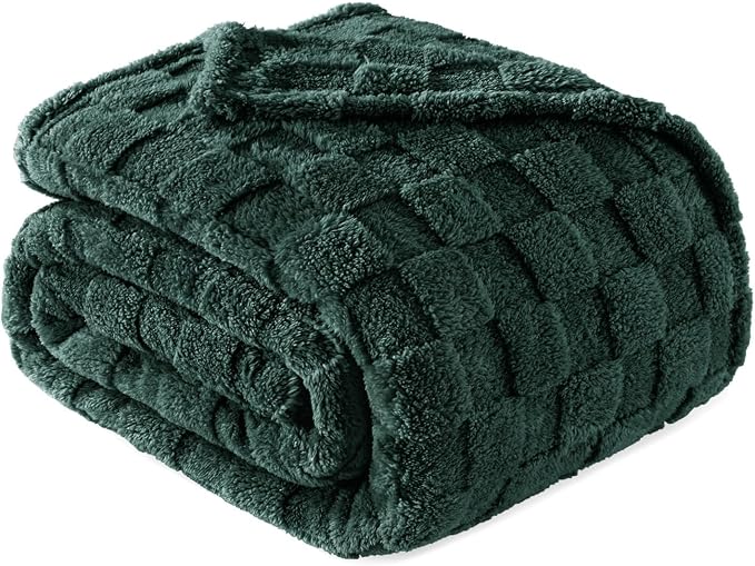 Exclusivo Mezcla 3D Checkered Fleece Twin Blanket for Bed, Green | Super Soft and Cozy Fluffy Bed Blanket, Cute Fuzzy Blanket for Teens Back to School, Dorm Essentials, All Season, 60"x80"