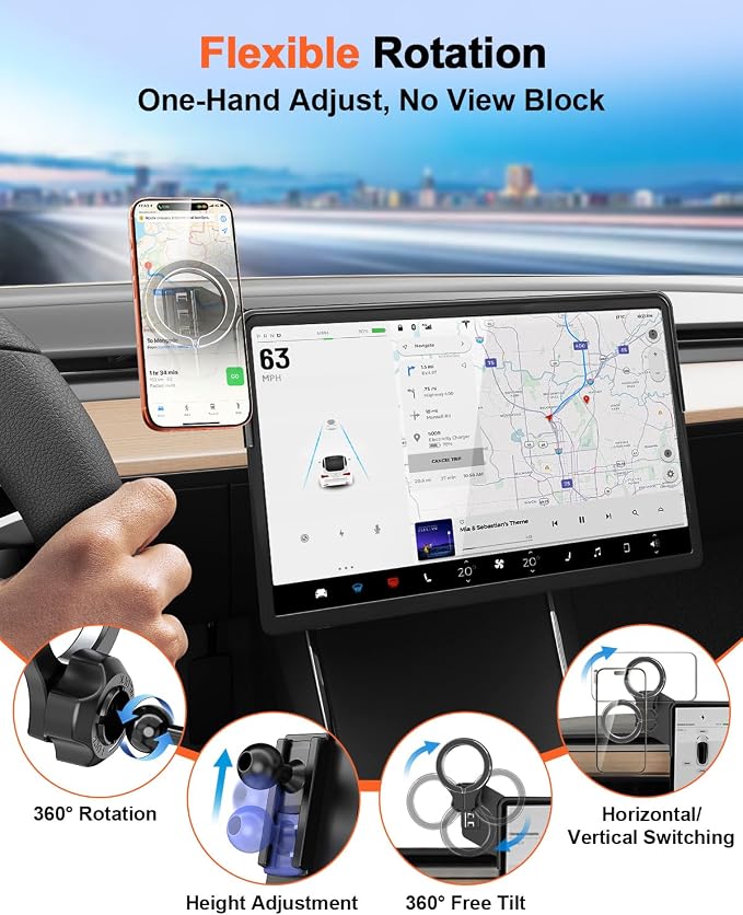 Magnetic Car Mount for Tesla Model Y 2020 2021 2022 2023 2024 & Model 3 2017 2018 2019 2020-2023: 360�� Adjustable Car Touch Screen Phone Holder Made for Model 3/Y, for Magsafe iPhone Accessories