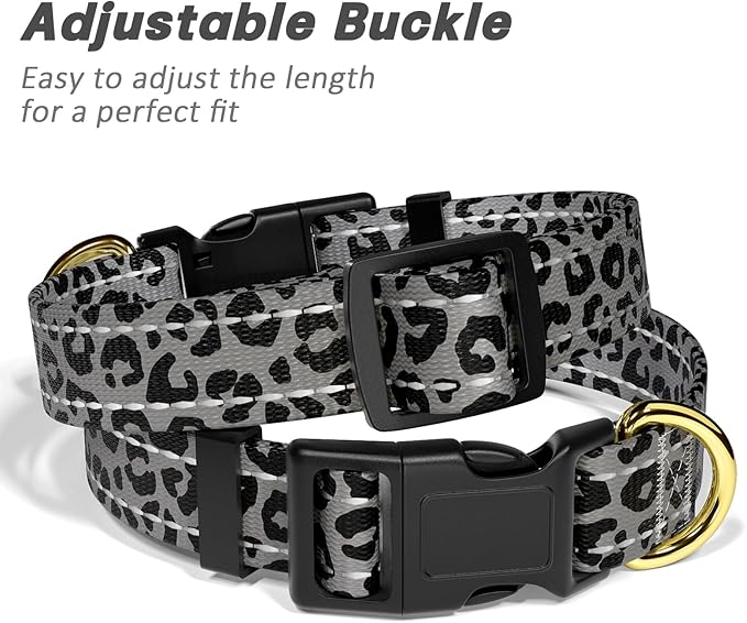 Reflective Dog Collar for Small Dogs Cats, Cute Leopard Style Adjustable Heavy-Duty Nylon Puppy Collar for Boy and Girl Female, Soft Pet Accessories with Quick Release Buckle, Gray
