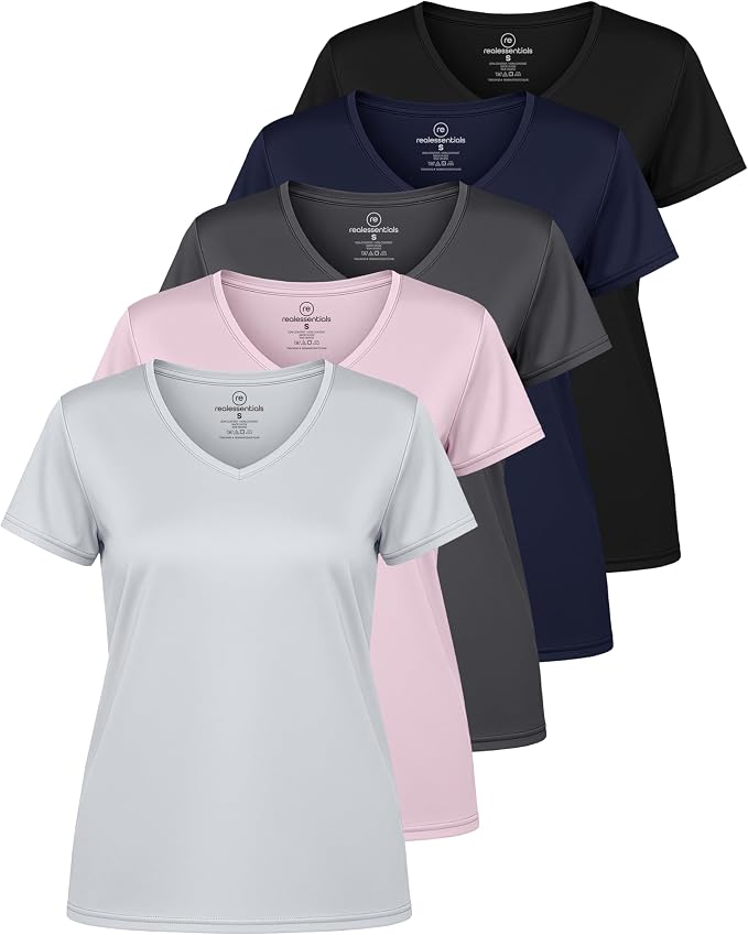 5 Pack Women's Dry Fit V Neck Workout Tops T Shirts Athletic Gym Yoga Tees | Available In Plus Size, Cooling Moisture-Wicking, Short Sleeve, Quick-Dry, Fitness, Stretch, Exercise, Running, Hiking