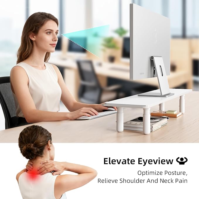 AFOOYO Dual Monitor Stand for Desk, Adjustable Height Wood Computer Riser, Ergonomic Monitor Shelf for Laptop, Printer, TV, Black - Large Storage Space, Sturdy Desk Organizer for Home & Office,White