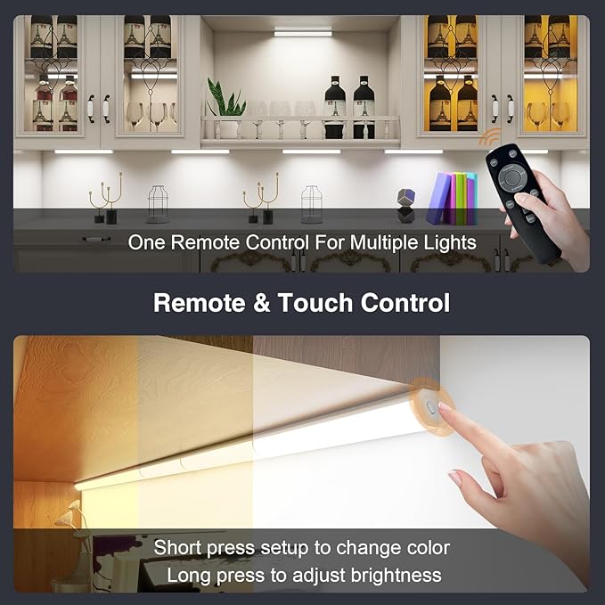 Under Cabinet Lighting Wireless with Remote,Rechargeable Battery Operated Closet Lights,3 Color Magnetic Dimmable led Strip Lights,Under Counter Lights for Kitchen,Shelf,Bedroom (White-2PCS, 20cm)