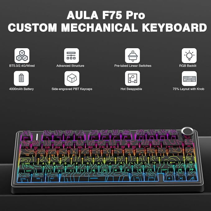 AULA F75 Pro Wireless Mechanical Keyboard with Knob,75% Hot Swappable Custom Gaming Keyboards,RGB Backlit,Pre-lubed Switches,Side Printed PBT Keycaps Creamy Sounding Computer Keyboard, Line Black