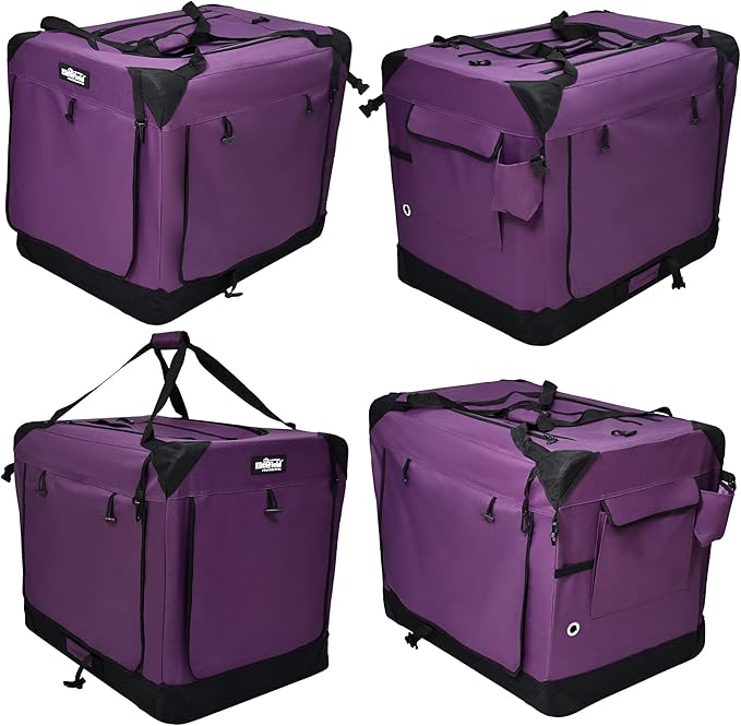 EliteField 4-Door Folding Soft Dog Crate with Curtains, Carrying Bag and Fleece Bed (2 Year Warranty), Indoor & Outdoor Pet Home (24" L x 18" W x 21" H, Purple+4 Door Curtains)