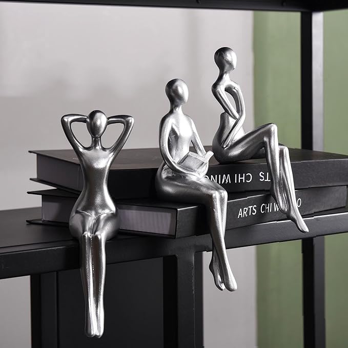 Quoowiit Thinker Statue Office Desk Decor, Silver Art Sculpture Ornament Coffee Table Bookshelf Decor Modern Home Unique Home Decorations for Living Room 3 Piece