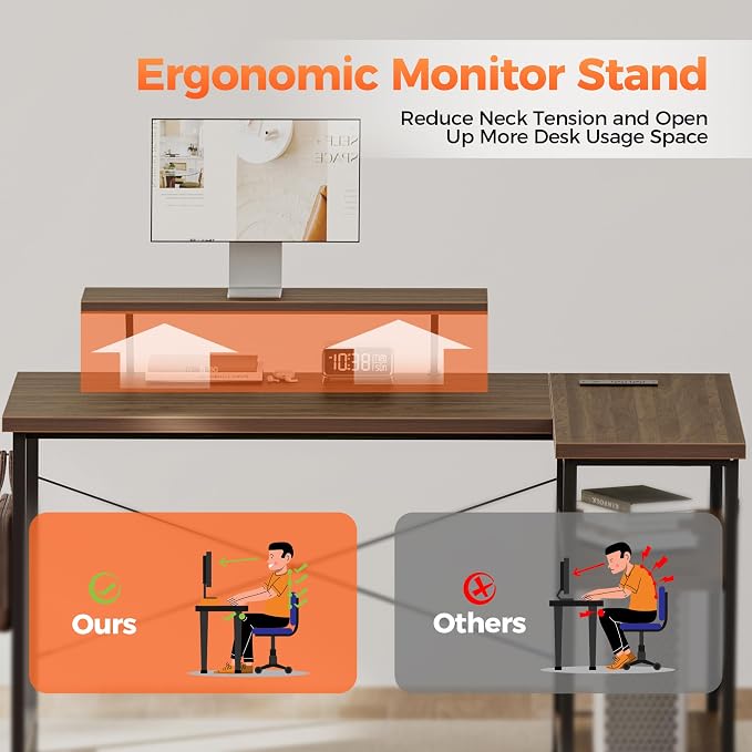 Mericonia 48 in Corner Desk with Monitor Stand, Small L Shaped Gaming Desk | Reversible Computer Desk with Power Outlets, LED Light & Storage Shelves, Office Table for Home Bedroom Study Work Writing