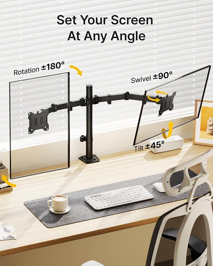 monTEK Heavy-Duty Dual Monitor Stand for 17-32", 22 lbs Each | Adjustable dual monitor mount, full-motion arms, clamp/grommet bases, cable management and VESA 75/100
