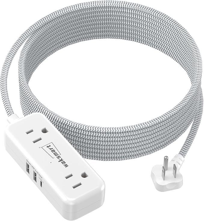 Flat Plug Extension Cord 20 FT with 4 AC Outlets 3 USB Ports (5V/3.4A 17W), 20Ft Long Braided Cord for Home Office College Dorm