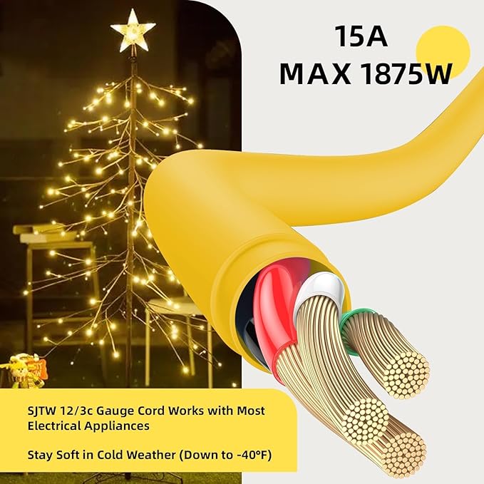 EP 12/3 25 FT Indoor Outdoor Yellow Extension Cord Waterproof, 12 Gauge 3 Prong Power Cord Flexible Resistant Appliance Extension Cable Electric Cable Outside, 15A 1875W 12AWG SJTW, ETL Listed