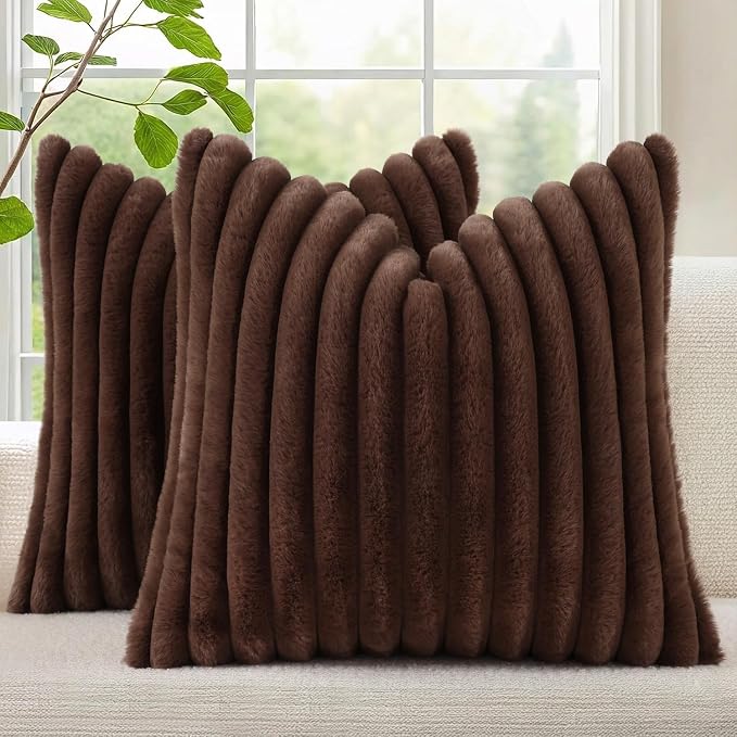 decorUhome Fall Faux Fur Throw Pillow Covers 24x24 Set of 2 Dark Brown | Decorative Soft Cozy Striped Plush Modern Farmhouse Boho Couch Pillow Cases Velvet Back for Sofa Bed Living Room Home Decor