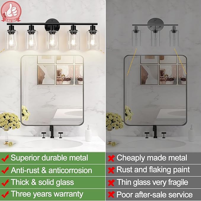 5-Light Bathroom Light Fixtures, Black Modern Vanity Lights with Clear Glass Shade, Bathroom Wall Lamp for Mirror Kitchen Living Room Hallway Cabinet Porch