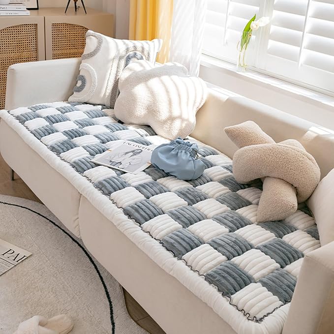 FunnyFuzzy Cream-Coloured Plaid Square Pet Mat Bed Couch Cover, Winter Thickened Dog Bed Cover Pet Blanket Sofa Couch Furniture Protector for Kids Dog Cat(Size:17.7 * 17.7 in,Color:Grey)