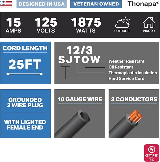 THONAPA 12 Gauge Extension Cord 25 Ft, SJTOW Oil Resistant & Flame Retardant Heavy Duty Extension Cord Black 3 Prong 25ft, 12/3 Black Outdoor Electric Cable Great for Major Appliance, Farm & Ranch