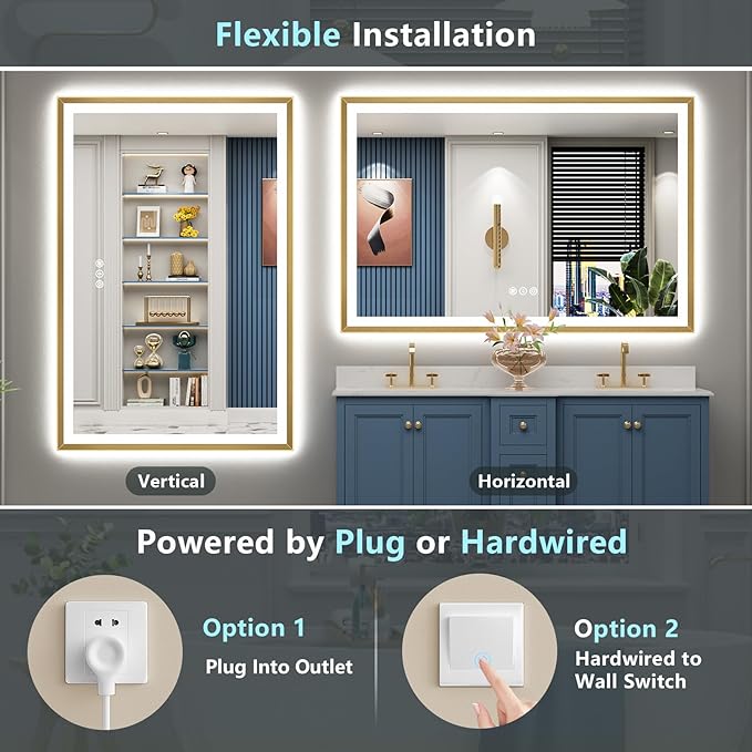 55x40 Gold Beveled LED Bathroom Mirror with Lights, Brushed Gold Framed Backlit and Front Lit Anti-Fog Lighted Vanity Mirrors for Bathroom Wall, Dimmable, 3 Colors, Memory, HD Tempered Glass