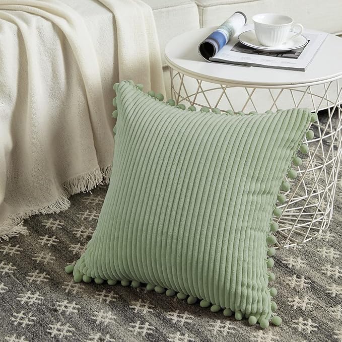 Fancy Homi Pack of 2 Sage Green Decorative Throw Pillow Covers with Pom-poms, Soft Corduroy Solid Square Cushion Cases Set for Couch Sofa Bedroom Car Living Room (18x18 Inch/45x45 cm, Sage Green)