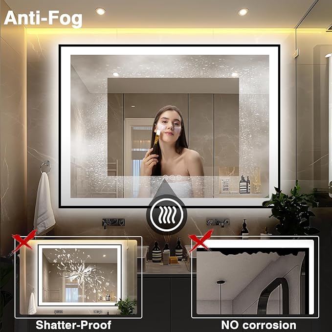 51x40 Bathroom Light up Mirror, Black Double Bright Lights Mirror, Anti-Fog Vanity Mirror with Lights, Stepless Dimmable Illuminated, Touch Control, Waterproof (Horizontal/Vertical)
