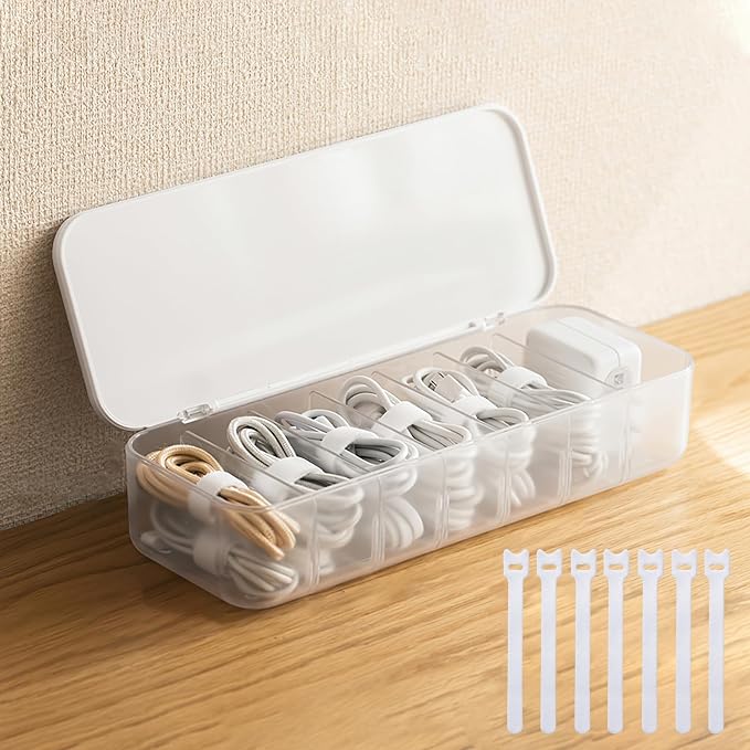 PAVSTINE Cable Organizer Storage Box with 7 Wire Ties,Desktop Cable Management Box with Lid,Power Cord Organizer with 7 Compartments for Office,Home,Desk Accessories Storage Stationery Supplies White