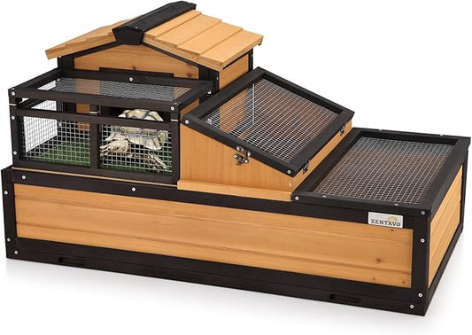 3-Room Large Tortoise Habitat with Pull-Out Tray, Wooden Tortoise Enclosure Indoor & Outdoor with Ramp, Grass Mat, Openable Roof, Luxurious Reptile Enclosure for Small Animals, Yellow