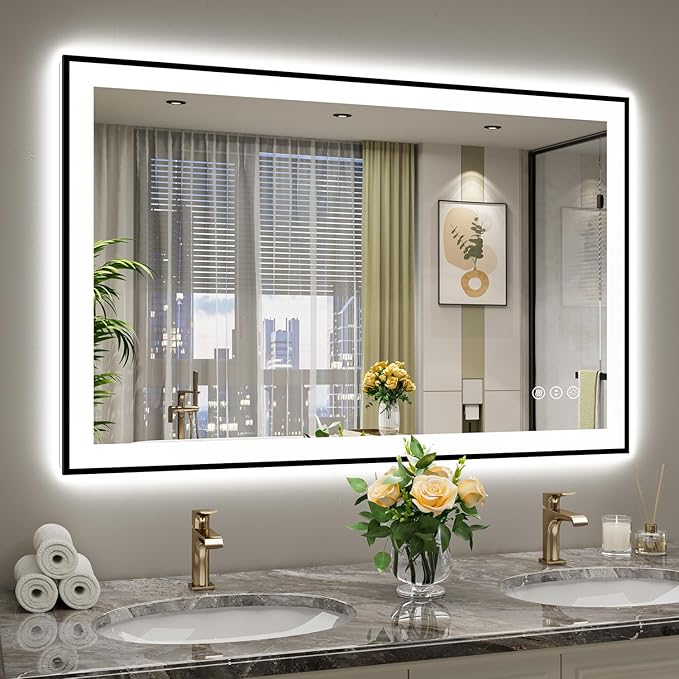 48x32 Inch LED Bathroom Mirror with Lights (Front Lit and Backlit) Black Framed Lighted Vanity Mirror for Bathroom Wall Dimmable Anti-Fog Memory Tempered Glass Horizontal/Vertical