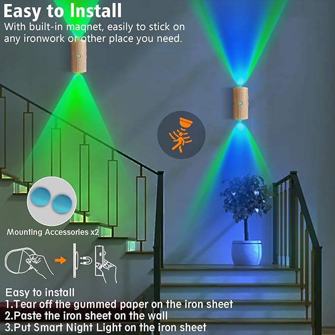 LED Wall Mounted Lights 2 Pcs,Battery Operated Wall Sconce with Motion Sensor, Up/Down Lighting Design 1500mAh Rechargeable Cordless Wall Lights for Indoor Bedroom Hallway (Light Wood Color)