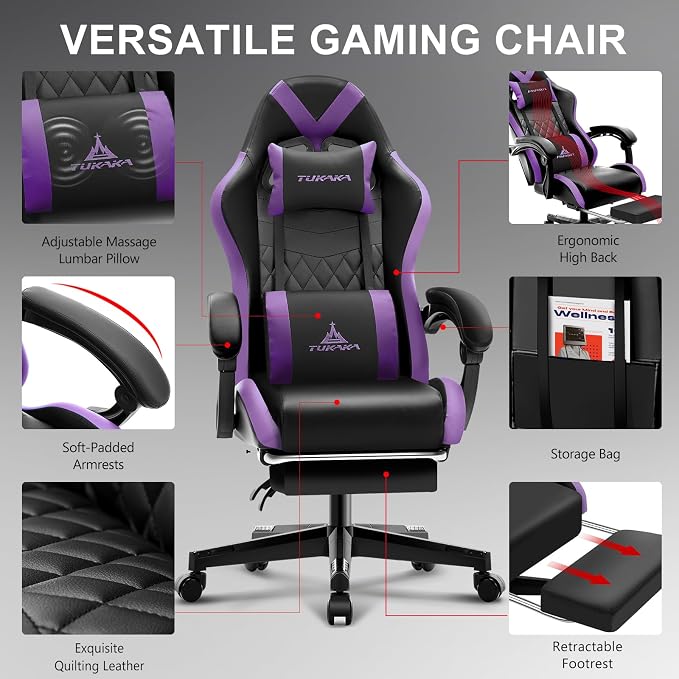 Gaming Chair,Ergonomic Massage Office Chair with Footrest,Purple | Pocket Spring Cushion,Reclining,Thick High Back,Headrest and Lumbar Support,Adjustable Leather Computer Chair Gamer Chair