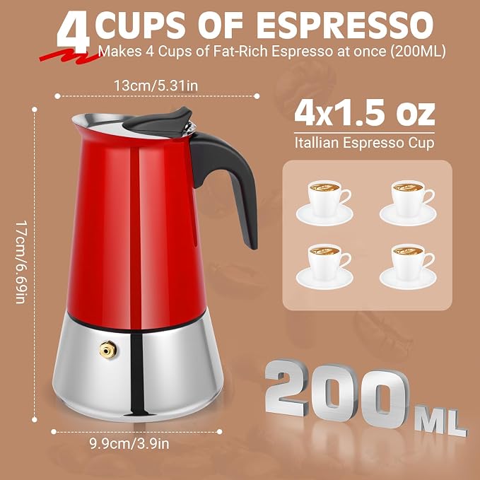 4 Cup Stainless Steel Moka Pot, 200ml Stovetop Espresso Maker, Red | 304 Stainless Steel Mocha Pot, Induction Compatible, Greca de Cafe, Cuban and Italian Coffee Maker