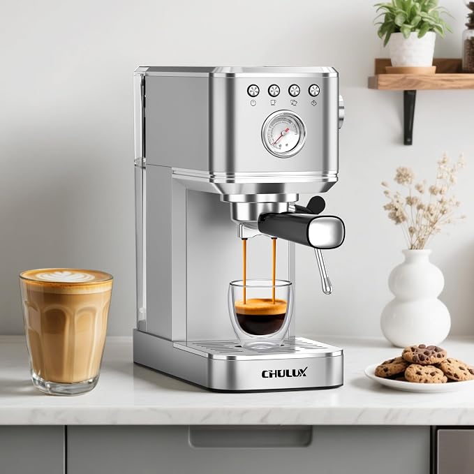 CHULUX Slim Espresso Machine with Milk Frother for Home Cappuccino & Latte | Precise Pressure Gauge, Food-Grade Materials, 20 Bar Italian Pump, Professional Temperature Control System, Stainless Steel