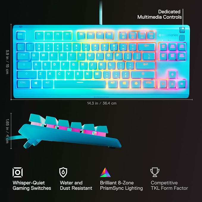 SteelSeries Apex 3 TKL Aqua RGB Gaming Keyboard — Tenkeyless Compact Form Factor — 8-Zone RGB Illumination — Water and Dust Resistant — Whisper-Quiet Gaming Switch
