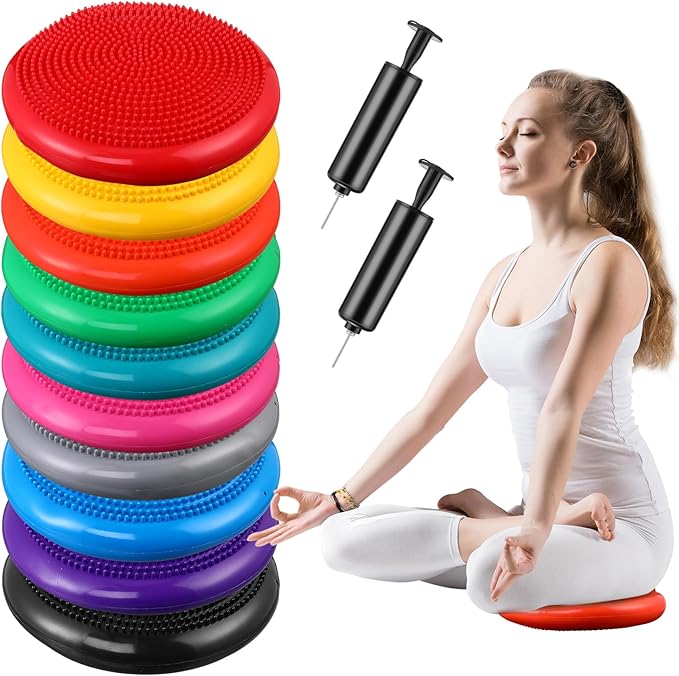 Leitee 10 Pcs Inflated Wobble Cushion Wiggle Seat Balance Disc with Needle Pump Adult Sensory Balance Cushion for Exercise Fitness Yoga Strengthen Core Stability Physical Therapy