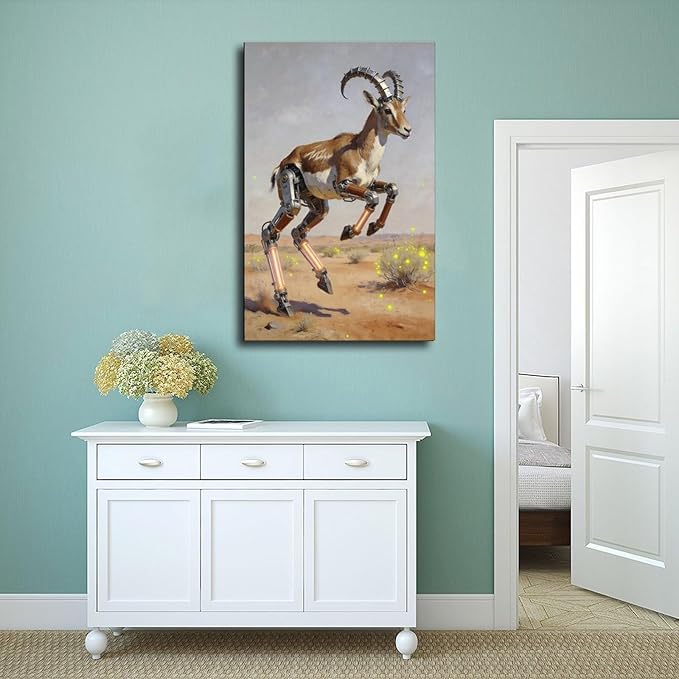 Framed Steampunk Mechanical Antelope Wall Art - Desert Futuristic Poster for Loft Living Room Decor 08x12inch(20x30cm)