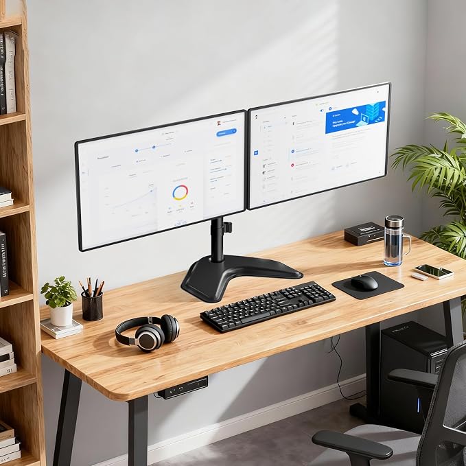 WALI Dual Monitor Stand, Freestanding Full Motion Monitor Desk Mount Fits 2 Screens up to 27 inches, Dual Monitors Arm Fits up to 22lbs, VESA 75x75 100x100 (MF002LM), Black