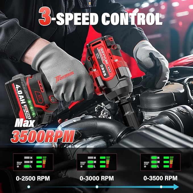 SEYVUM Cordless Impact Wrench, 1/2” Max Torque 900 Ft-lbs / 1200 N.m Powerful Impact Gun, 20V 3500RPM Electric Impact Driver, 2 x 4.0Ah Battery & Fast Charger, 6 Impact Sockets, Carrying Case Included