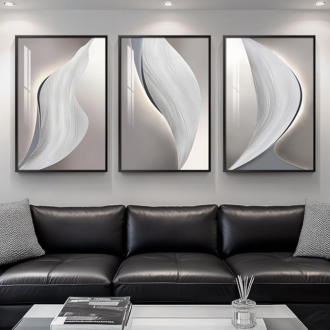 Large Framed Abstract Modern Wall Art for Living Room, 3 Piece Minimalist Grey and Silver Prints Wall Decor, Bright Style Artwork Paintings Pictures for Dining Room Hallway Office, 24x36 Inch