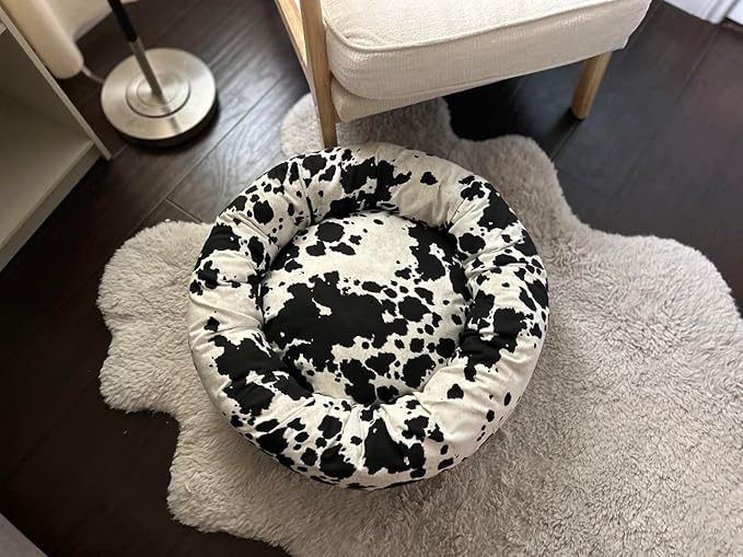 Organic Cotton Canvas Dog Bed: Removable Cover, Natural Fill - Made in USA (Cow Print Black White, Large 35" x 8" inches)