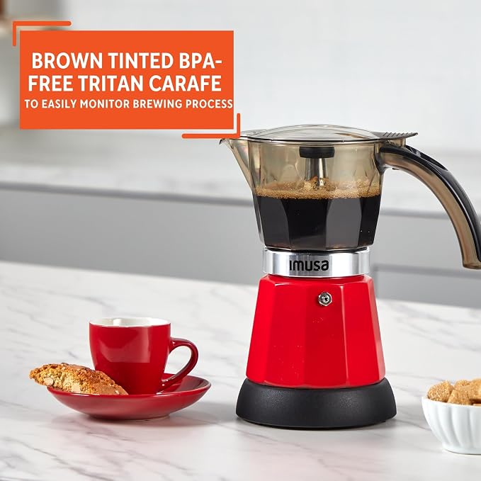 IMUSA 6 or 3 Cup Electric Espresso Coffee Maker with Cool-touch Handle, Red | Detachable Base, Visual Brewing Indicator, Durable Aluminum Construction, Ideal for Cuban and Italian Coffee