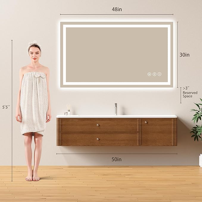 48x30 LED Bathroom Mirror with Lights - Dimmable, Anti-Fog, 3 Color Backlit & Front Lit Mirror for Bathroom, Shatter-Proof Tempered Glass, Easy Installation