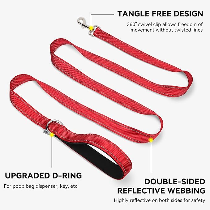 Joytale Dog Leash, 6 FT Double-Sided Reflective, Padded Handle Nylon Heavy Duty Leashes for Small Dogs Walking, Red