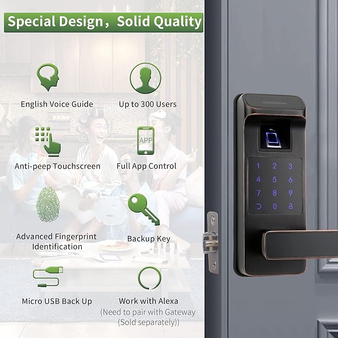 Harfo Smart Door Lock, Heavy Duty 5 in 1 Keyless Entry Door Lock, Full App Control Digital Keypad Lock, Reversible Handle with Fingerprints and Passcodes for Family/Office/Apartment (Aged Bronze)